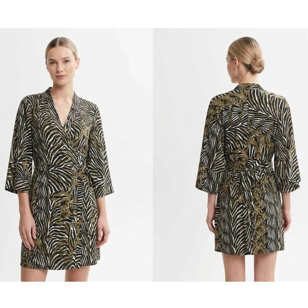 Banana Republic Issa London Kimono Dress Women 4 Zebra Print Olive Black V-Neck